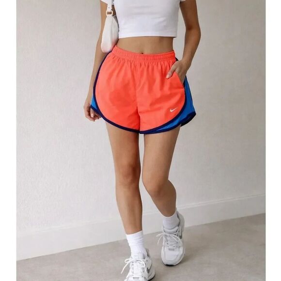 Nike Pants - Nike Dri-FIT Neon Coral Running Shorts Size M Blue Trim Athletic Gym Performance